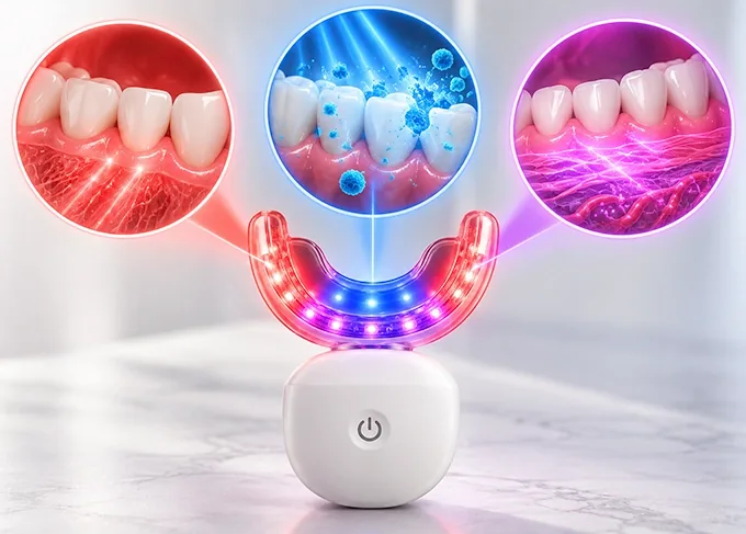 Red, blue and near-infrared light zones on the mouthpiece