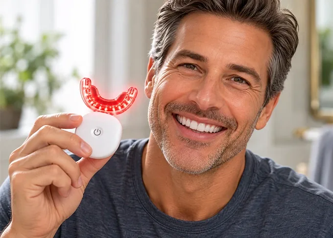 Man smiling while holding the Oral Guard